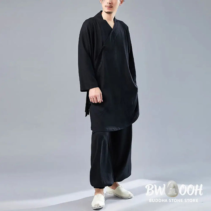 BWOOOH 2Pcs V-Neck Men’s Long Sleeve Shirt Top Pants Meditation Zen Tai Chi Cotton Linen Clothing Set - Men’s