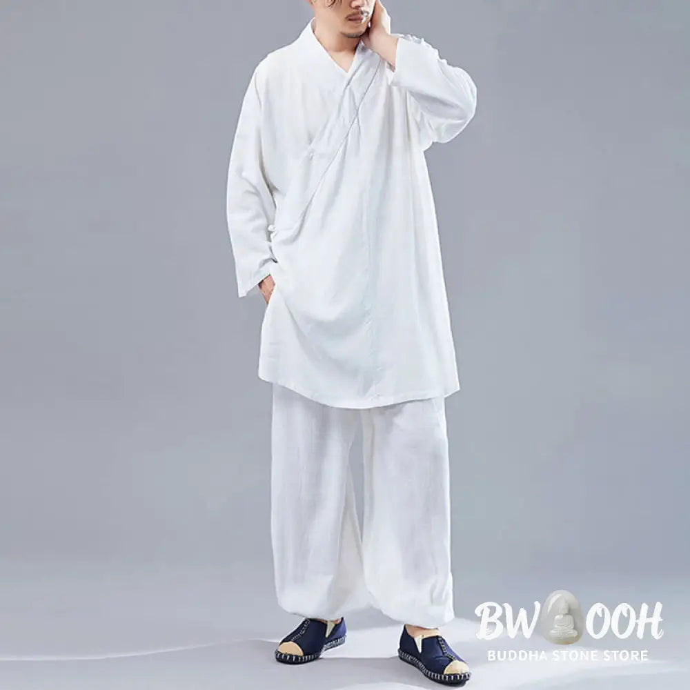 BWOOOH 2Pcs V-Neck Men’s Long Sleeve Shirt Top Pants Meditation Zen Tai Chi Cotton Linen Clothing Set - Men’s