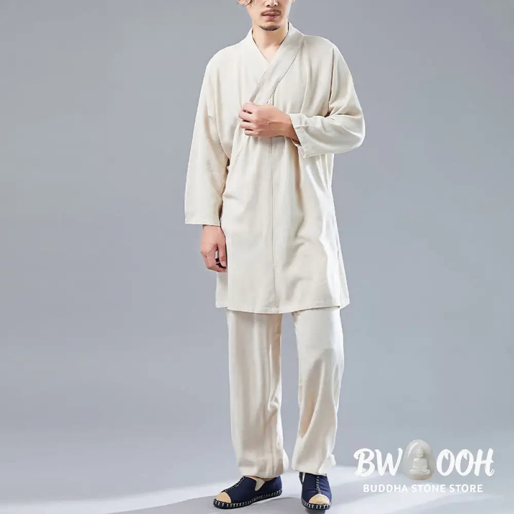 BWOOOH 2Pcs V-Neck Men’s Long Sleeve Shirt Top Pants Meditation Zen Tai Chi Cotton Linen Clothing Set - Men’s