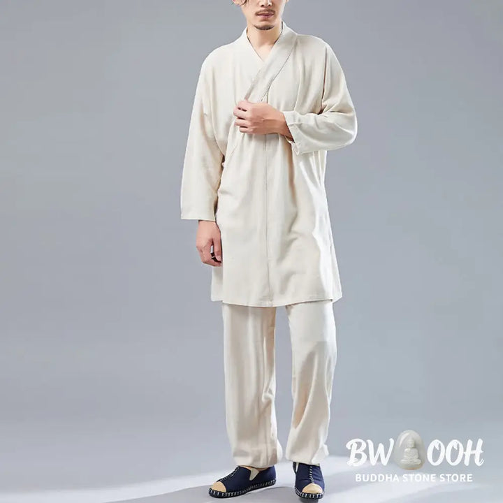 BWOOOH 2Pcs V-Neck Men’s Long Sleeve Shirt Top Pants Meditation Zen Tai Chi Cotton Linen Clothing Set - Men’s