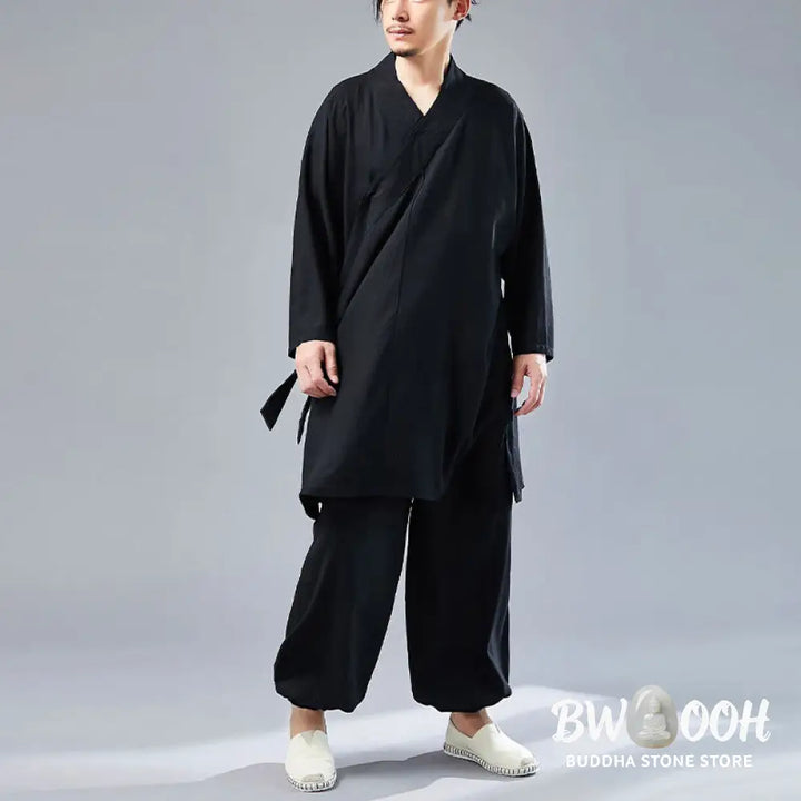 BWOOOH 2Pcs V-Neck Men’s Long Sleeve Shirt Top Pants Meditation Zen Tai Chi Cotton Linen Clothing Set - Men’s