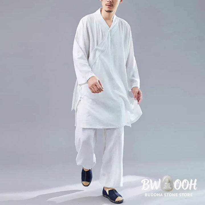 BWOOOH 2Pcs V-Neck Men’s Long Sleeve Shirt Top Pants Meditation Zen Tai Chi Cotton Linen Clothing Set - Men’s