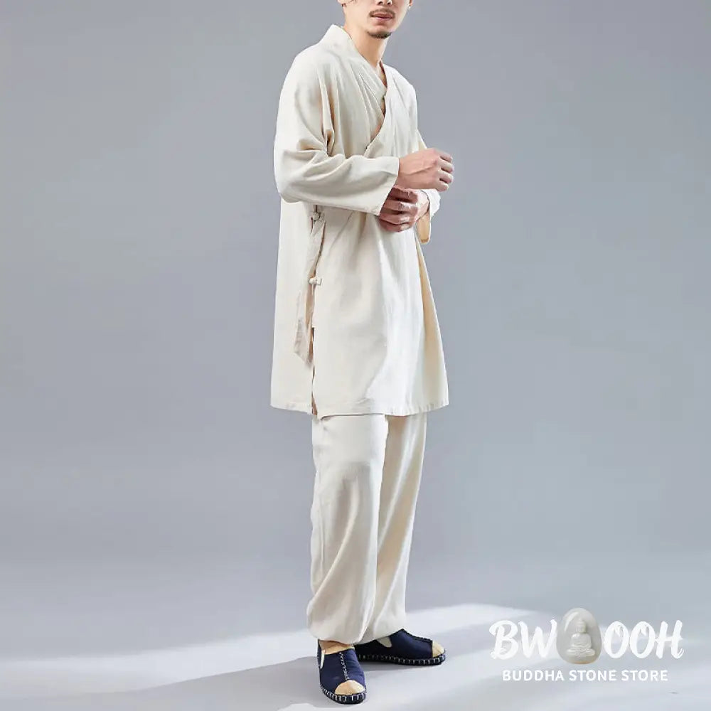 BWOOOH 2Pcs V-Neck Men’s Long Sleeve Shirt Top Pants Meditation Zen Tai Chi Cotton Linen Clothing Set - Men’s