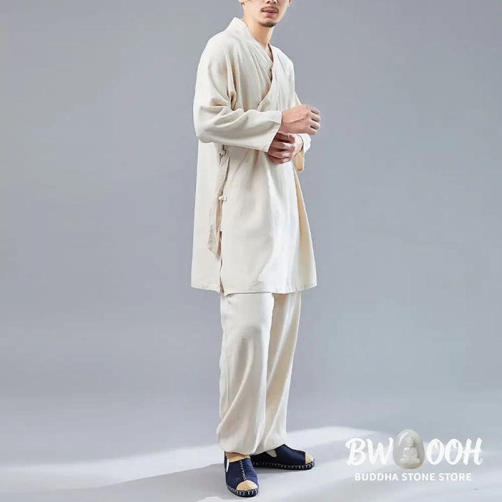 BWOOOH 2Pcs V-Neck Men’s Long Sleeve Shirt Top Pants Meditation Zen Tai Chi Cotton Linen Clothing Set - Men’s