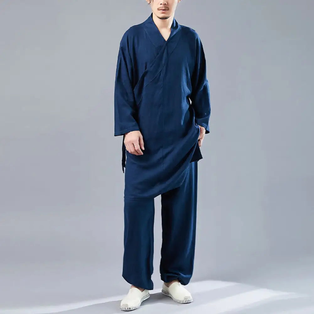 BWOOOH 2Pcs V-Neck Men’s Long Sleeve Shirt Top Pants Meditation Zen Tai Chi Cotton Linen Clothing Set - SteelBlue