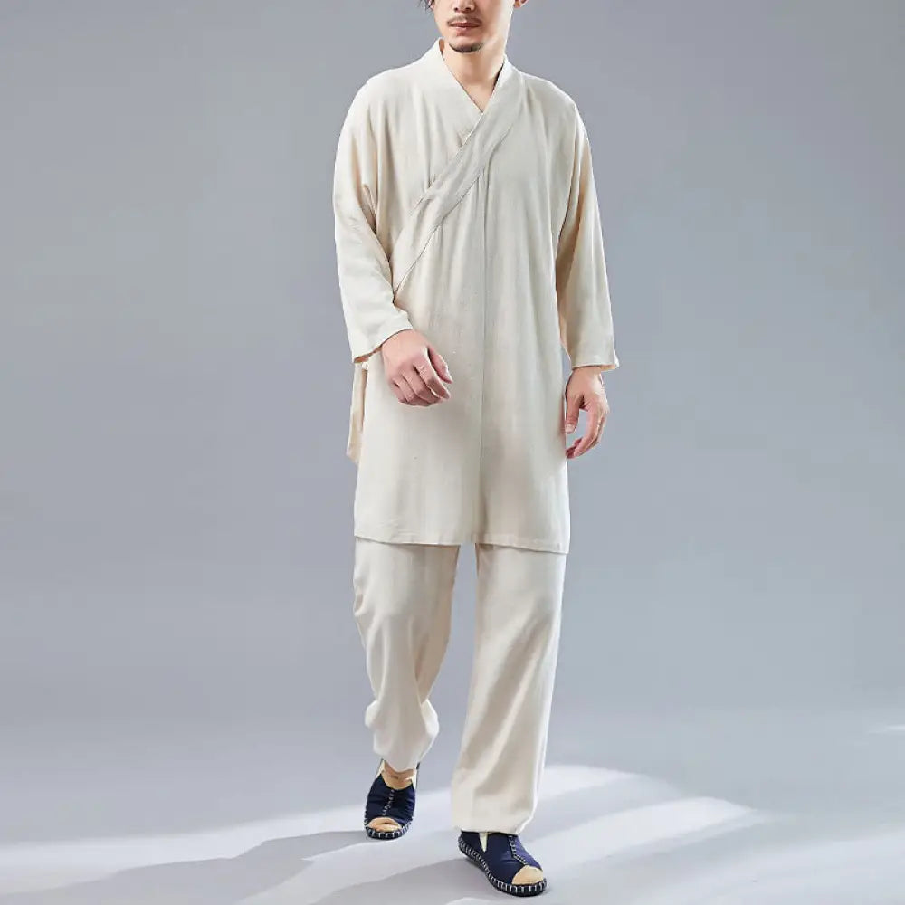 BWOOOH 2Pcs V-Neck Men’s Long Sleeve Shirt Top Pants Meditation Zen Tai Chi Cotton Linen Clothing Set - Linen