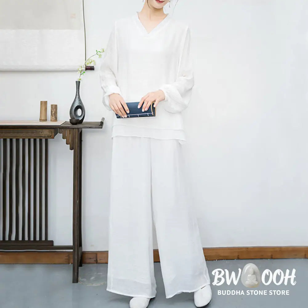 BWOOOH 2Pcs White Long Sleeve V-Neck Shirt Wide Leg Pants Meditation Women’s Set - Women’s Meditation Cloth
