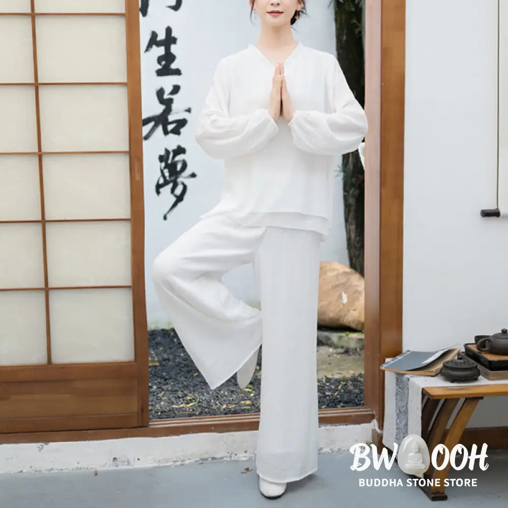 BWOOOH 2Pcs White Long Sleeve V-Neck Shirt Wide Leg Pants Meditation Women’s Set - Women’s Meditation Cloth
