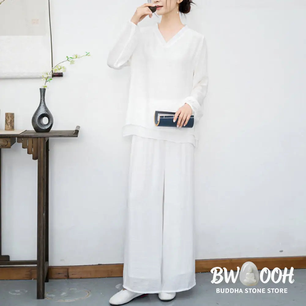 BWOOOH 2Pcs White Long Sleeve V-Neck Shirt Wide Leg Pants Meditation Women’s Set - Women’s Meditation Cloth