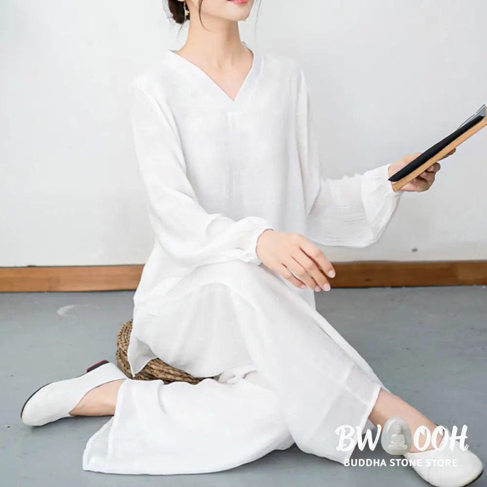 BWOOOH 2Pcs White Long Sleeve V-Neck Shirt Wide Leg Pants Meditation Women’s Set - Women’s Meditation Cloth