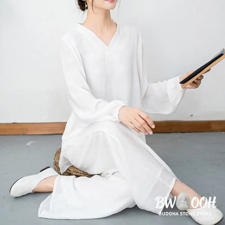 BWOOOH 2Pcs White Long Sleeve V-Neck Shirt Wide Leg Pants Meditation Women’s Set - Women’s Meditation Cloth