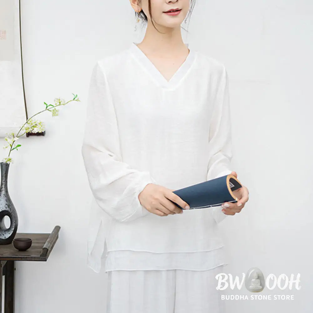 BWOOOH 2Pcs White Long Sleeve V-Neck Shirt Wide Leg Pants Meditation Women’s Set - Women’s Meditation Cloth
