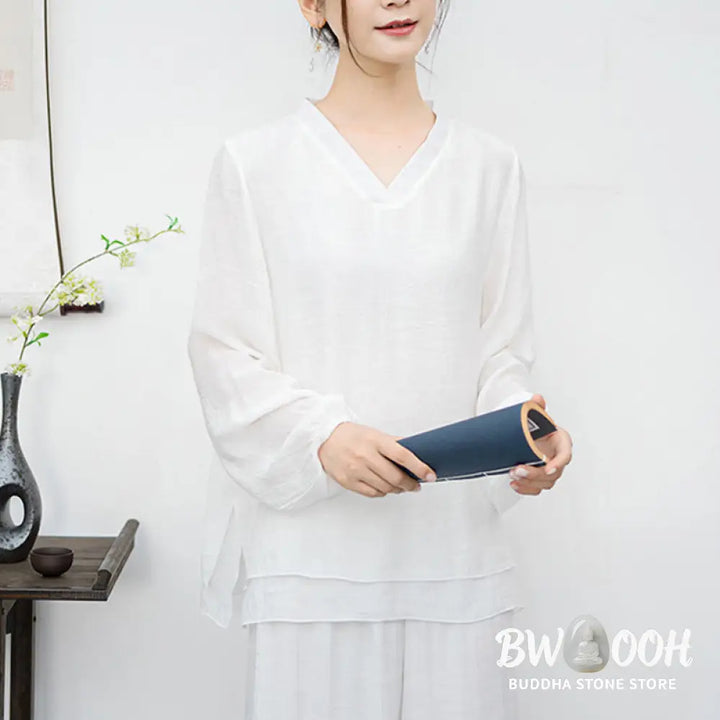 BWOOOH 2Pcs White Long Sleeve V-Neck Shirt Wide Leg Pants Meditation Women’s Set - Women’s Meditation Cloth
