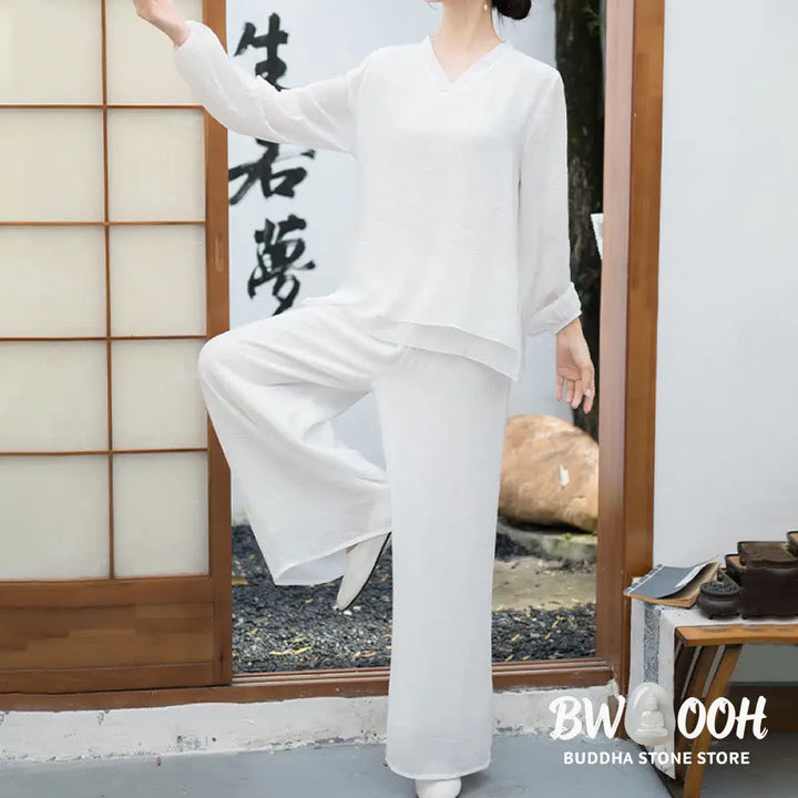 BWOOOH 2Pcs White Long Sleeve V-Neck Shirt Wide Leg Pants Meditation Women’s Set - Women’s Meditation Cloth