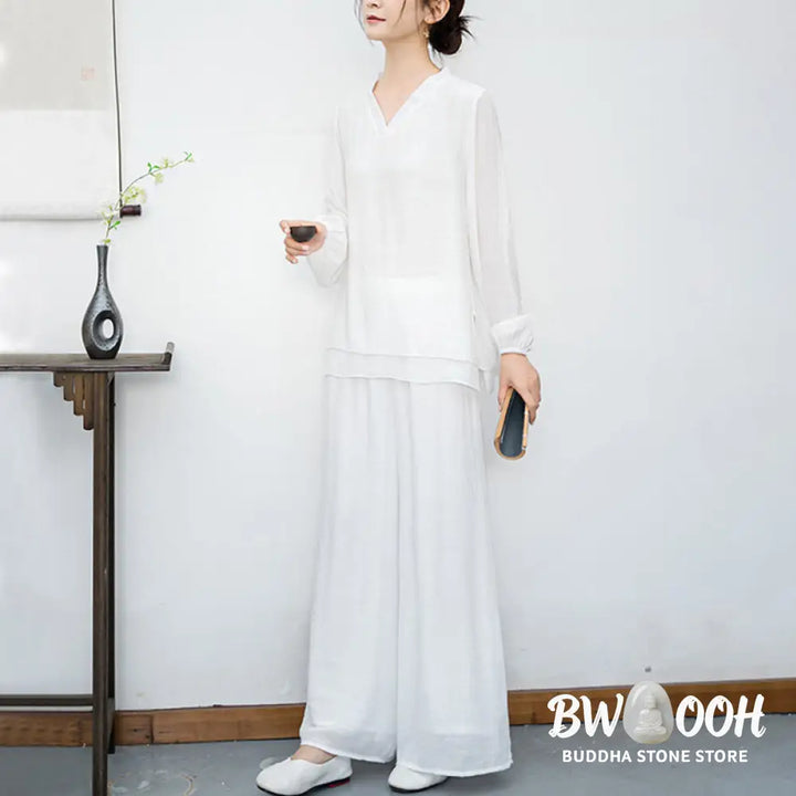 BWOOOH 2Pcs White Long Sleeve V-Neck Shirt Wide Leg Pants Meditation Women’s Set - Women’s Meditation Cloth