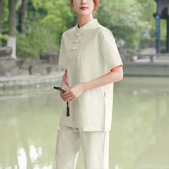 BWOOOH 2Pcs Women’s Short Sleeve Shirt Top T-Shirt Pants Meditation Zen Tai Chi Cotton Linen Clothing Set