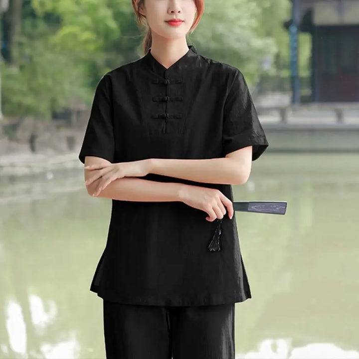 BWOOOH 2Pcs Women’s Short Sleeve Shirt Top T-Shirt Pants Meditation Zen Tai Chi Cotton Linen Clothing Set