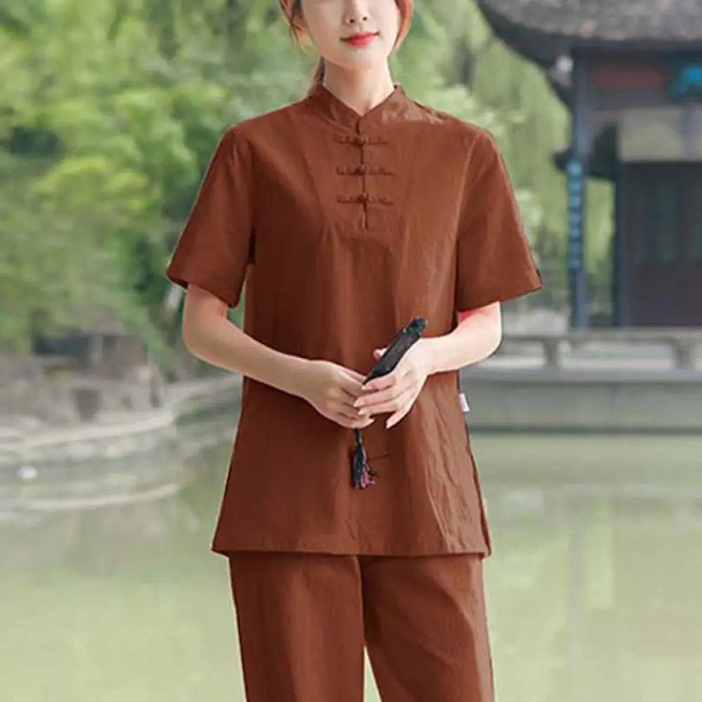 BWOOOH 2Pcs Women’s Short Sleeve Shirt Top T-Shirt Pants Meditation Zen Tai Chi Cotton Linen Clothing Set
