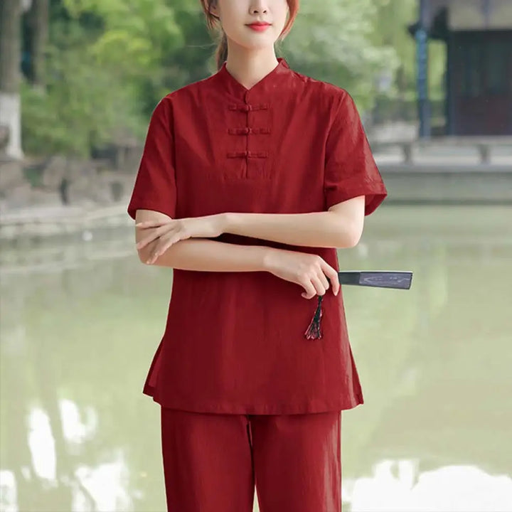 BWOOOH 2Pcs Women’s Short Sleeve Shirt Top T-Shirt Pants Meditation Zen Tai Chi Cotton Linen Clothing Set