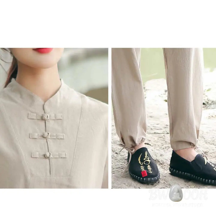 BWOOOH 2Pcs Women’s Short Sleeve Shirt Top T-Shirt Pants Meditation Zen Tai Chi Cotton Linen Clothing Set - Women’s