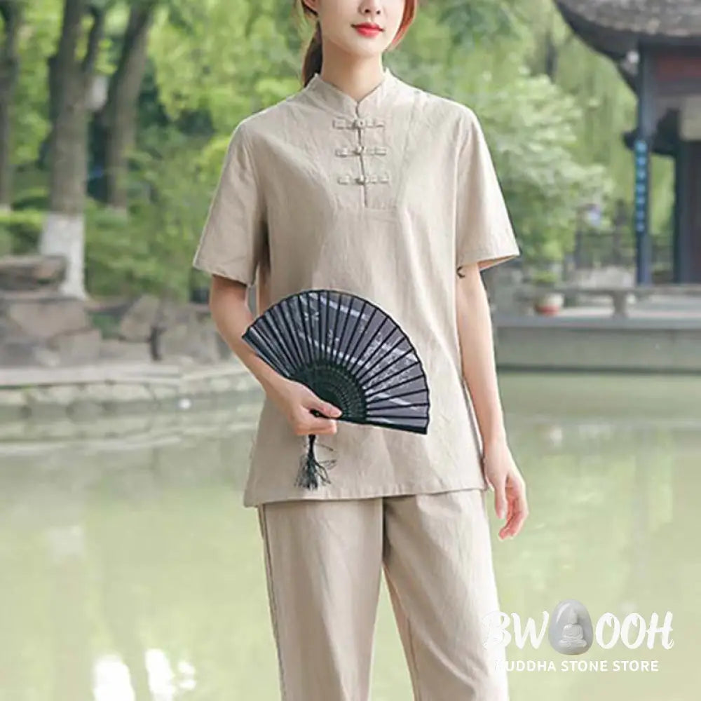BWOOOH 2Pcs Women’s Short Sleeve Shirt Top T-Shirt Pants Meditation Zen Tai Chi Cotton Linen Clothing Set - Women’s