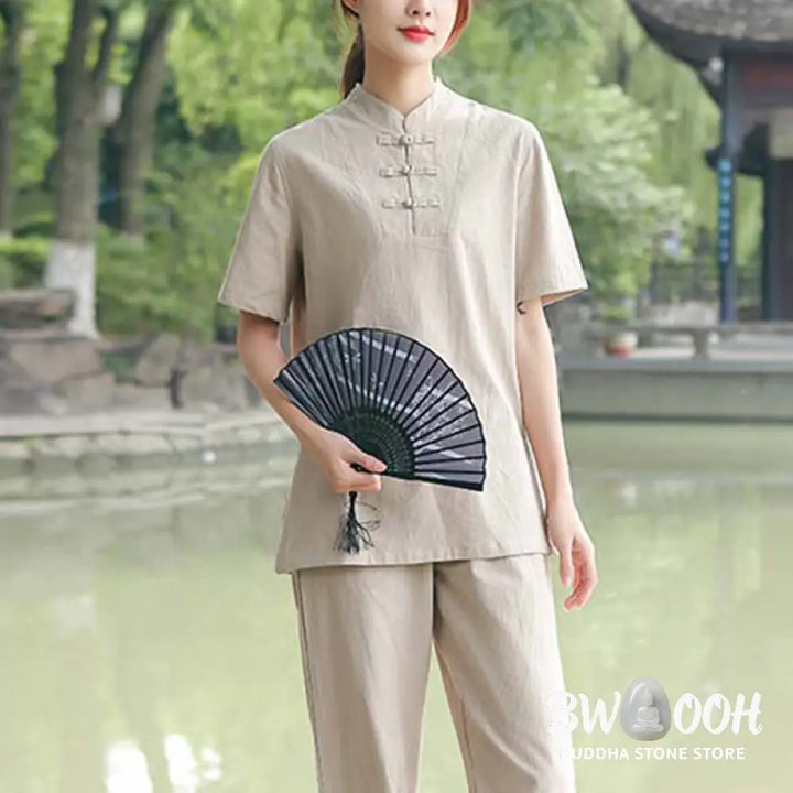 BWOOOH 2Pcs Women’s Short Sleeve Shirt Top T-Shirt Pants Meditation Zen Tai Chi Cotton Linen Clothing Set - Women’s