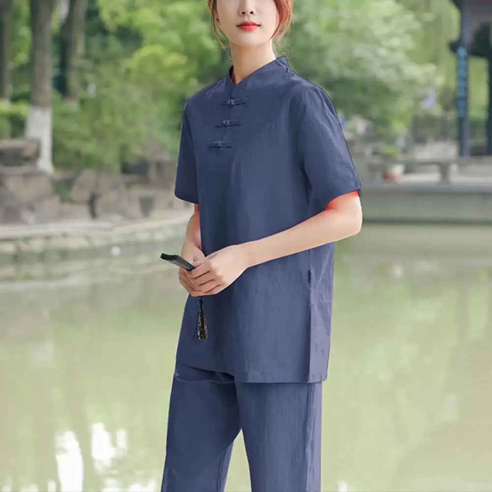 BWOOOH 2Pcs Women’s Short Sleeve Shirt Top T-Shirt Pants Meditation Zen Tai Chi Cotton Linen Clothing Set - Dark