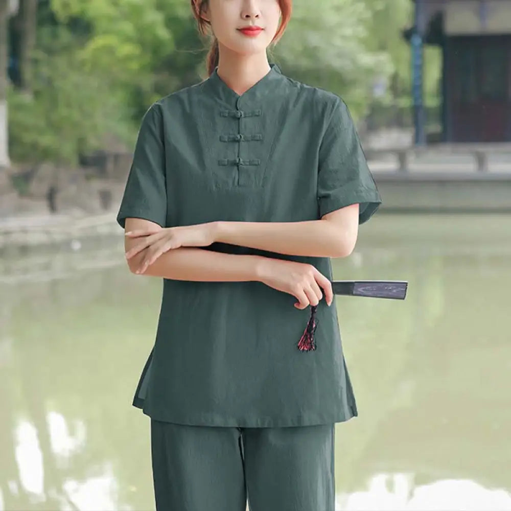 BWOOOH 2Pcs Women’s Short Sleeve Shirt Top T-Shirt Pants Meditation Zen Tai Chi Cotton Linen Clothing Set - Dark
