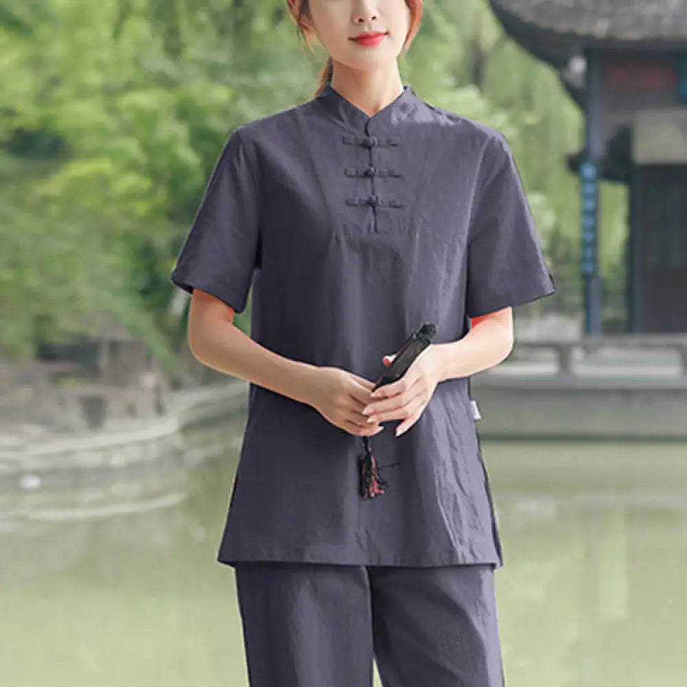 BWOOOH 2Pcs Women’s Short Sleeve Shirt Top T-Shirt Pants Meditation Zen Tai Chi Cotton Linen Clothing Set