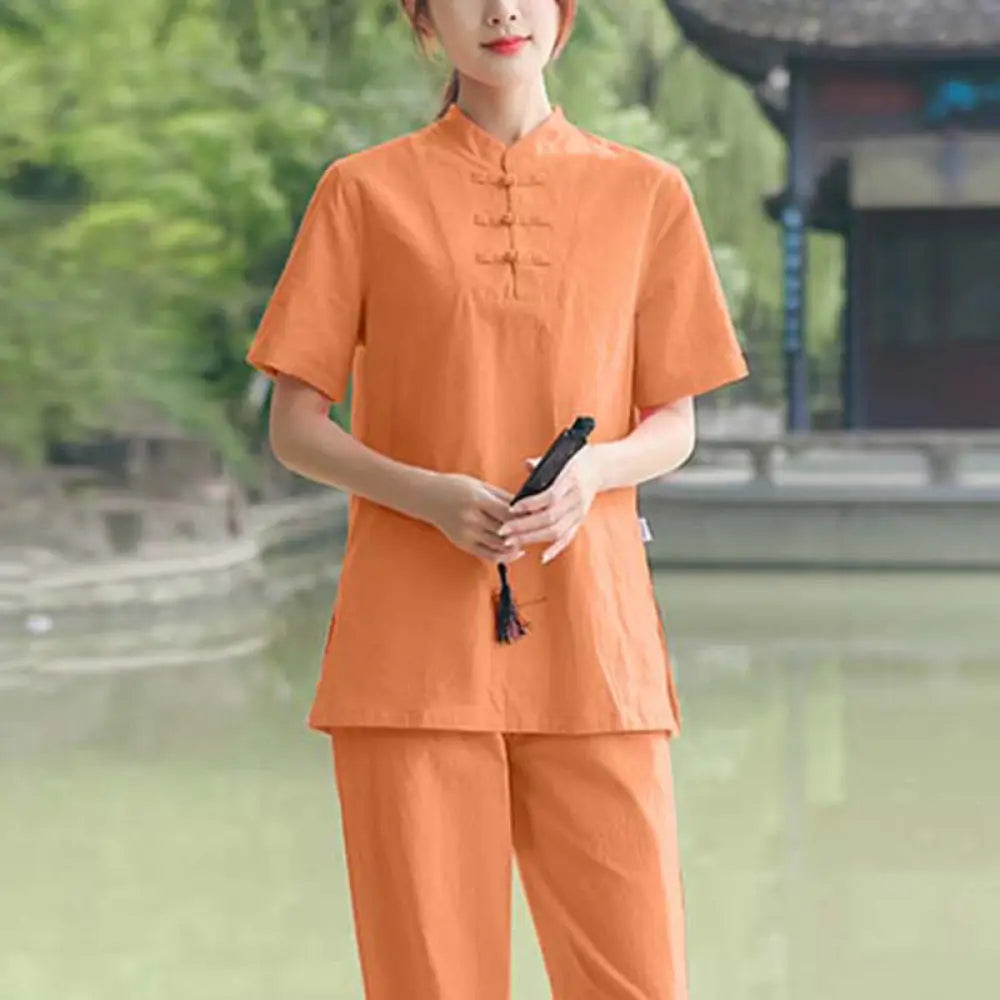 BWOOOH 2Pcs Women’s Short Sleeve Shirt Top T-Shirt Pants Meditation Zen Tai Chi Cotton Linen Clothing Set