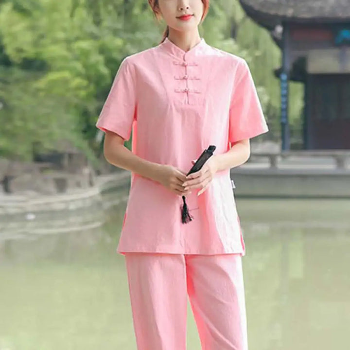BWOOOH 2Pcs Women’s Short Sleeve Shirt Top T-Shirt Pants Meditation Zen Tai Chi Cotton Linen Clothing Set