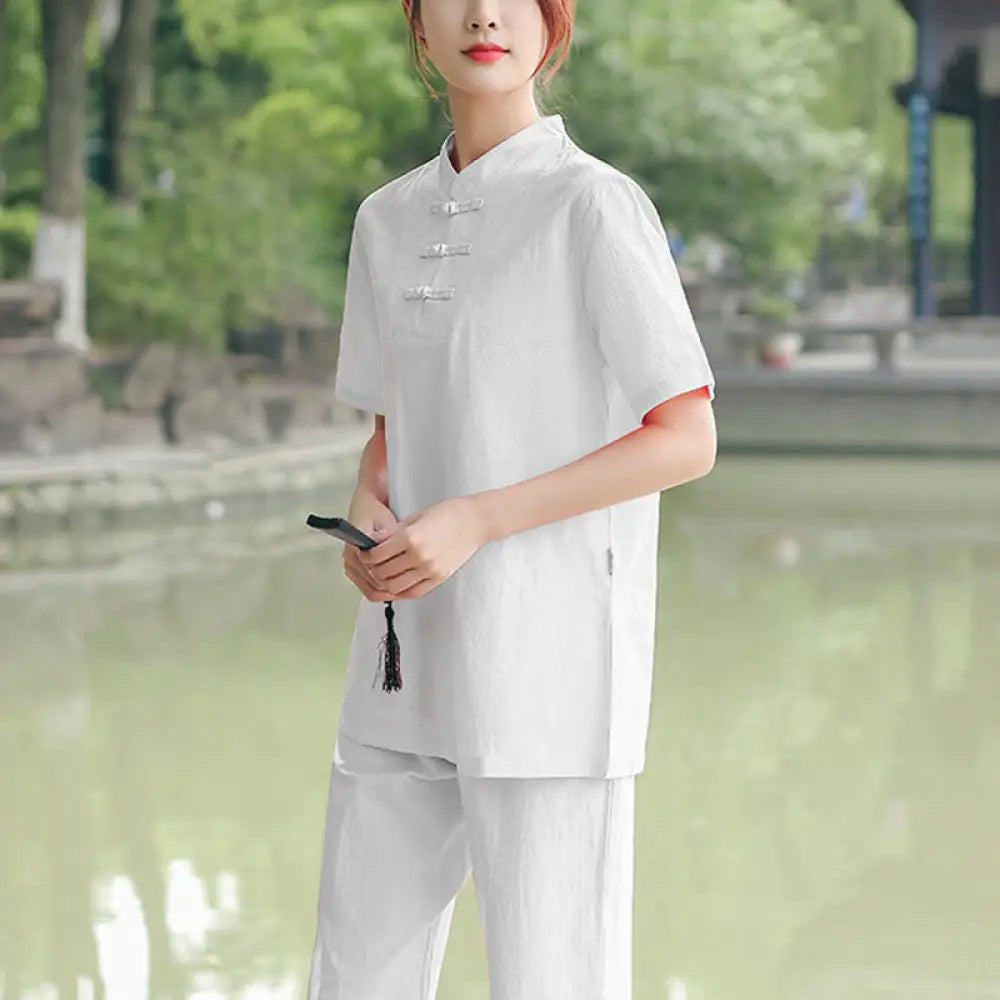 BWOOOH 2Pcs Women’s Short Sleeve Shirt Top T-Shirt Pants Meditation Zen Tai Chi Cotton Linen Clothing Set