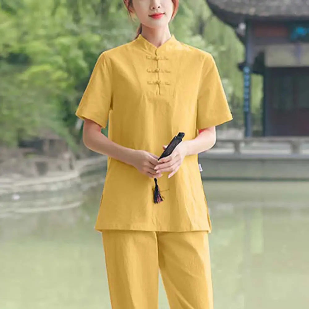 BWOOOH 2Pcs Women’s Short Sleeve Shirt Top T-Shirt Pants Meditation Zen Tai Chi Cotton Linen Clothing Set