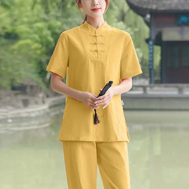 BWOOOH 2Pcs Women’s Short Sleeve Shirt Top T-Shirt Pants Meditation Zen Tai Chi Cotton Linen Clothing Set