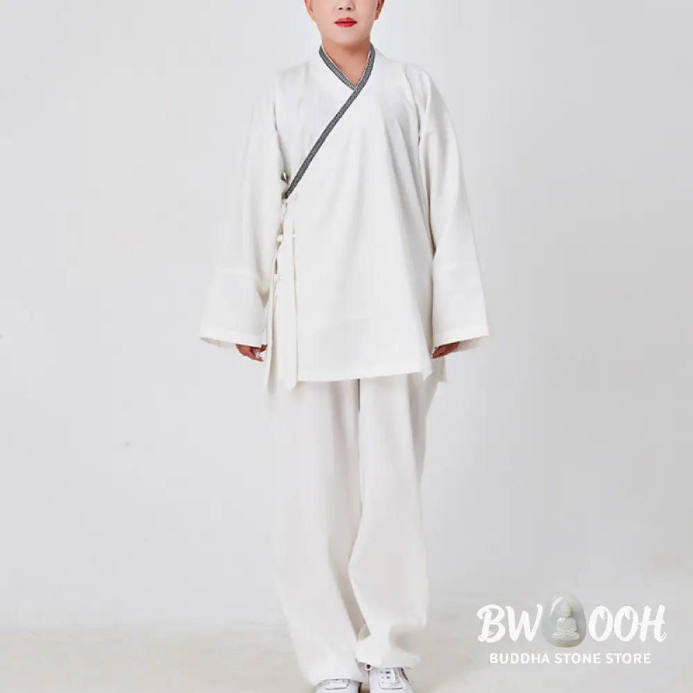 BWOOOH 2Pcs Wudang Fall Solid Frog-Button Long Sleeve Linen Unisex Taoist Robe Kimono Pants Qigong Ceremony Suit