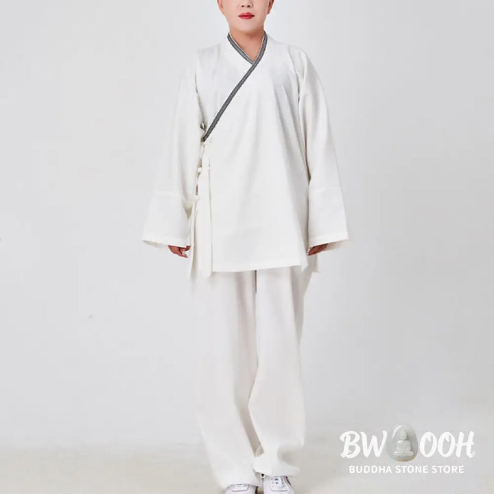 BWOOOH 2Pcs Wudang Fall Solid Frog-Button Long Sleeve Linen Unisex Taoist Robe Kimono Pants Qigong Ceremony Suit