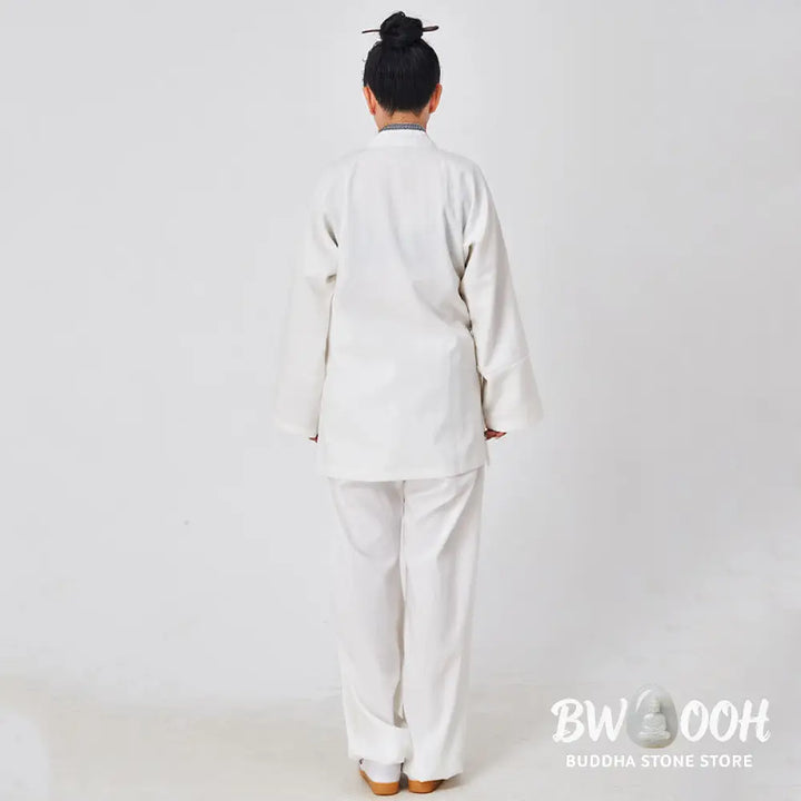 BWOOOH 2Pcs Wudang Fall Solid Frog-Button Long Sleeve Linen Unisex Taoist Robe Kimono Pants Qigong Ceremony Suit