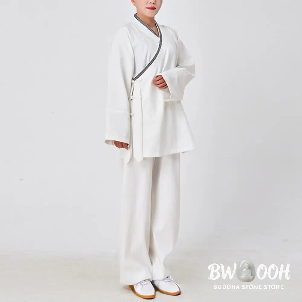 BWOOOH 2Pcs Wudang Fall Solid Frog-Button Long Sleeve Linen Unisex Taoist Robe Kimono Pants Qigong Ceremony Suit