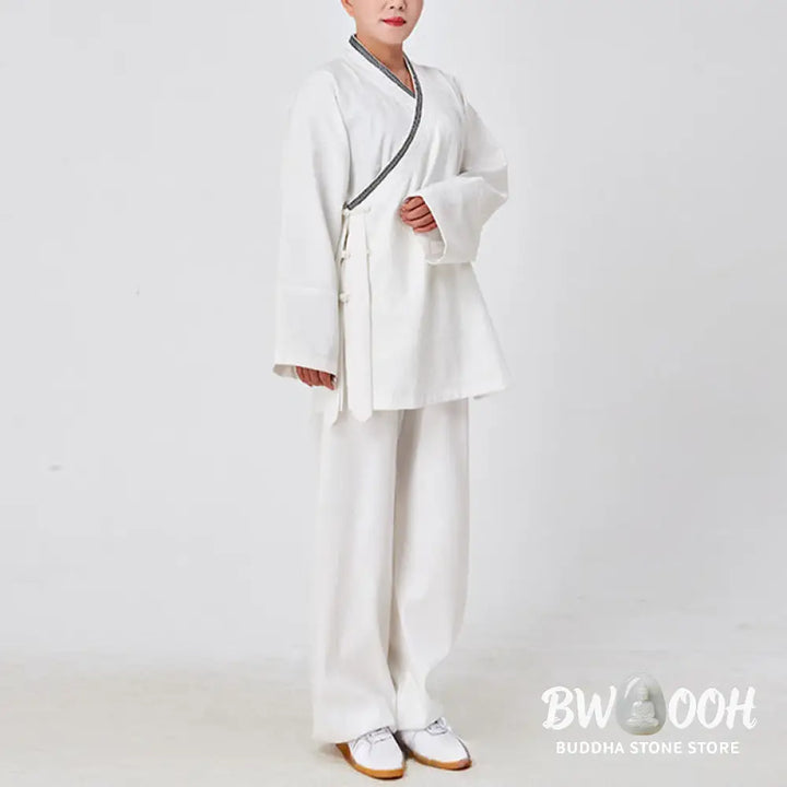 BWOOOH 2Pcs Wudang Fall Solid Frog-Button Long Sleeve Linen Unisex Taoist Robe Kimono Pants Qigong Ceremony Suit