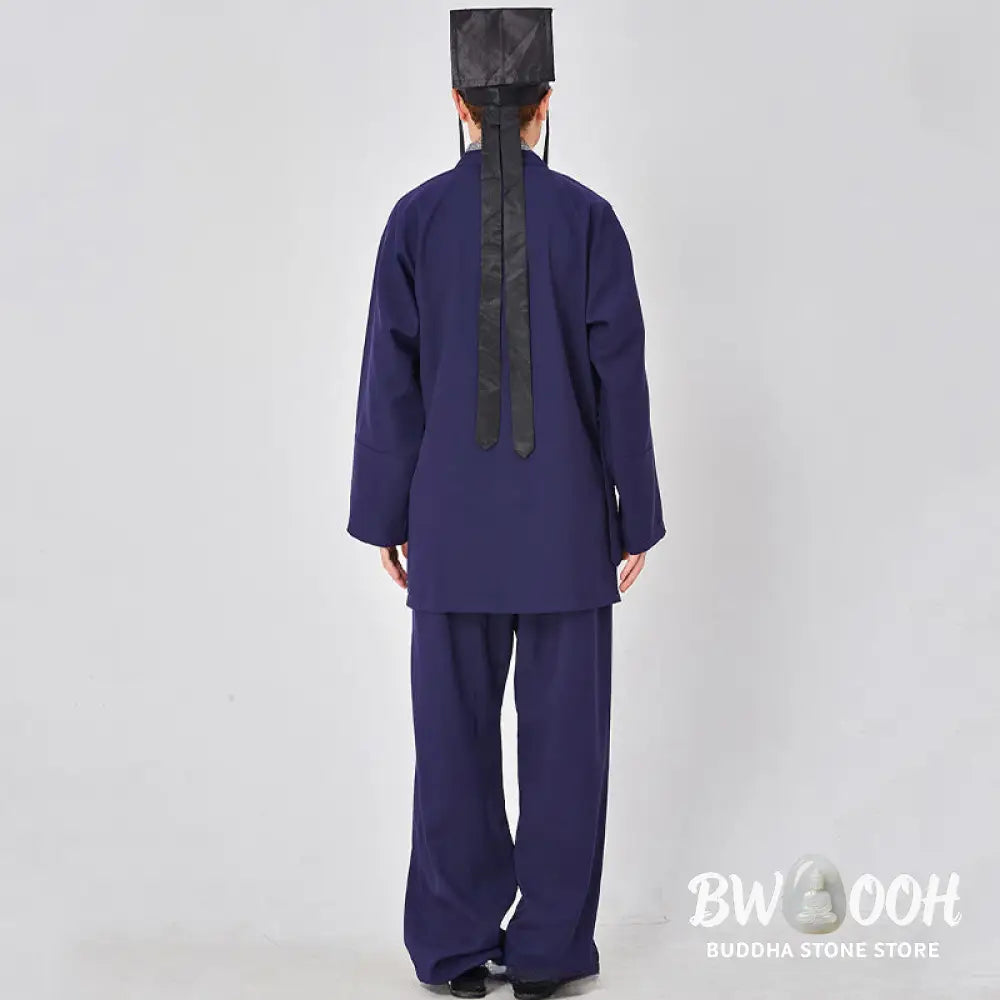 BWOOOH 2Pcs Wudang Fall Solid Frog-Button Long Sleeve Linen Unisex Taoist Robe Kimono Pants Qigong Ceremony Suit