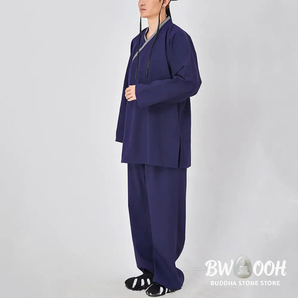 BWOOOH 2Pcs Wudang Fall Solid Frog-Button Long Sleeve Linen Unisex Taoist Robe Kimono Pants Qigong Ceremony Suit