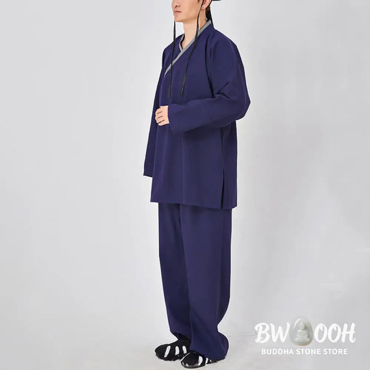 BWOOOH 2Pcs Wudang Fall Solid Frog-Button Long Sleeve Linen Unisex Taoist Robe Kimono Pants Qigong Ceremony Suit