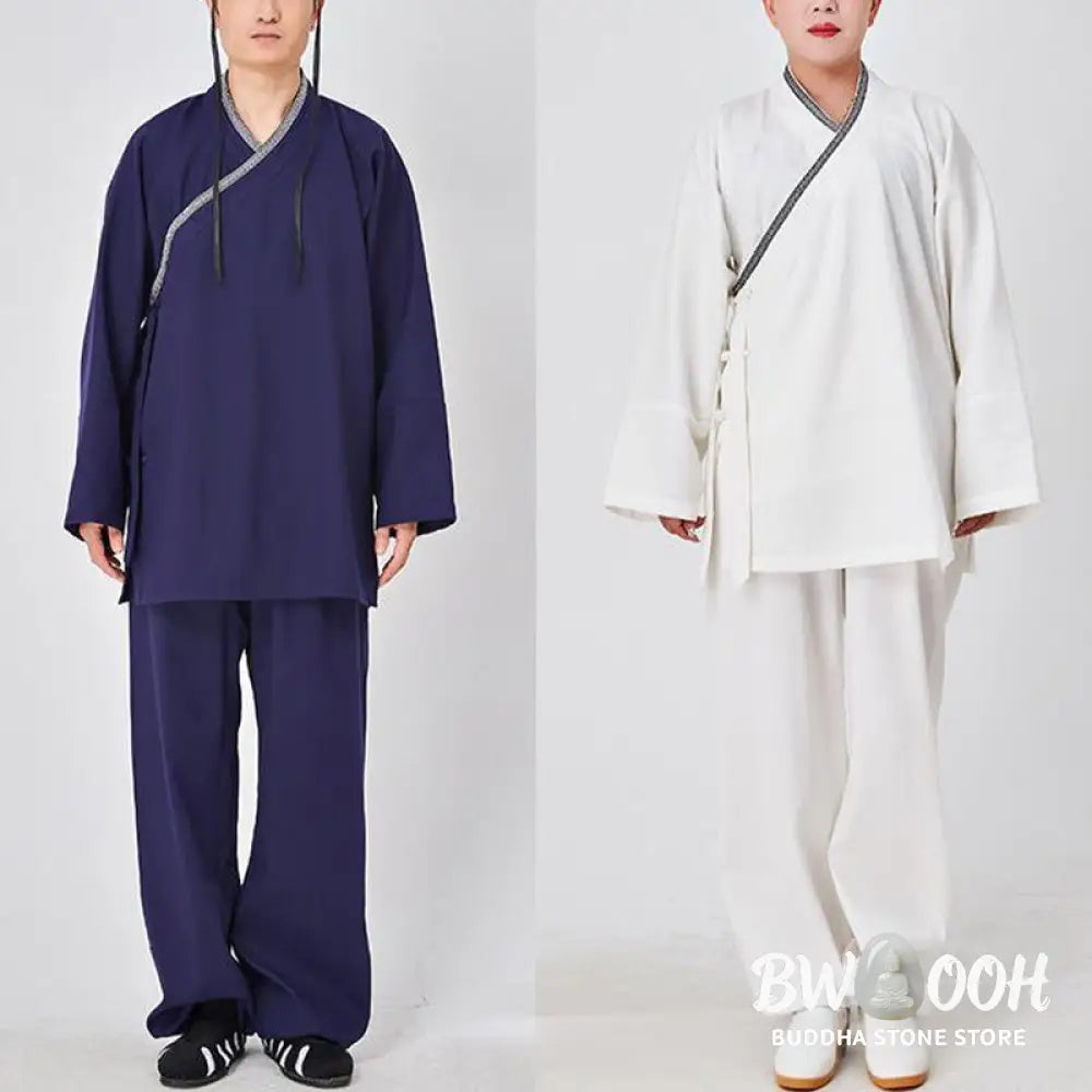 BWOOOH 2Pcs Wudang Fall Solid Frog-Button Long Sleeve Linen Unisex Taoist Robe Kimono Pants Qigong Ceremony Suit