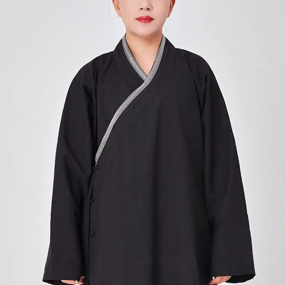 BWOOOH 2Pcs Wudang Fall Solid Frog-Button Long Sleeve Linen Unisex Taoist Robe Kimono Pants Qigong Ceremony Suit