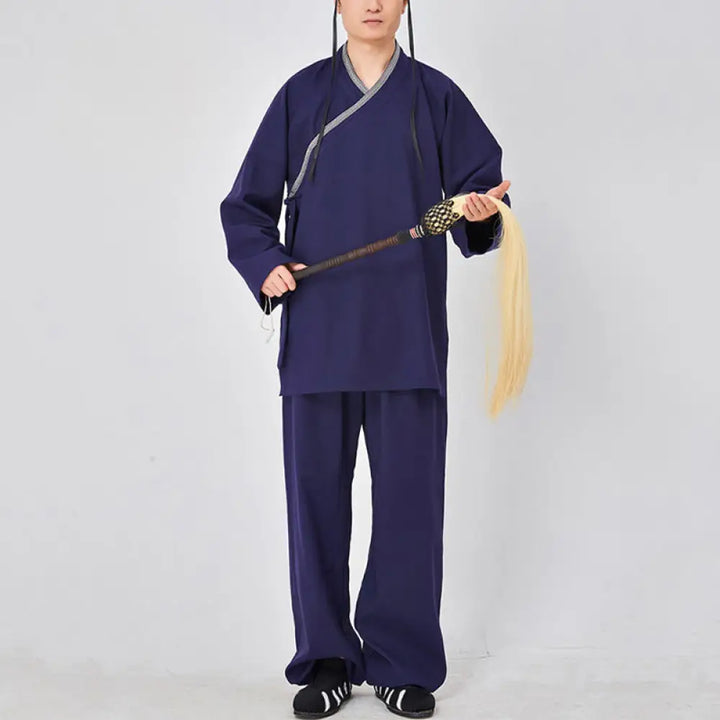 BWOOOH 2Pcs Wudang Fall Solid Frog-Button Long Sleeve Linen Unisex Taoist Robe Kimono Pants Qigong Ceremony Suit