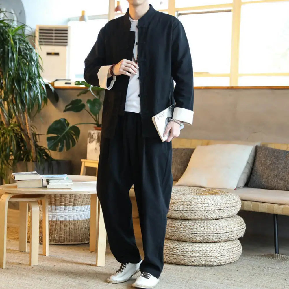 BWOOOH 2Pcs Zen Tang Suit Men’s Frog-Button Long Sleeve Shirt Pants Set With Pockets - Black / US/UK/AU34，EU44 (L)