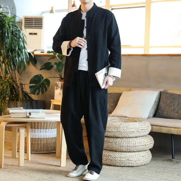 BWOOOH 2Pcs Zen Tang Suit Men’s Frog-Button Long Sleeve Shirt Pants Set With Pockets - Black / US/UK/AU34，EU44 (L)