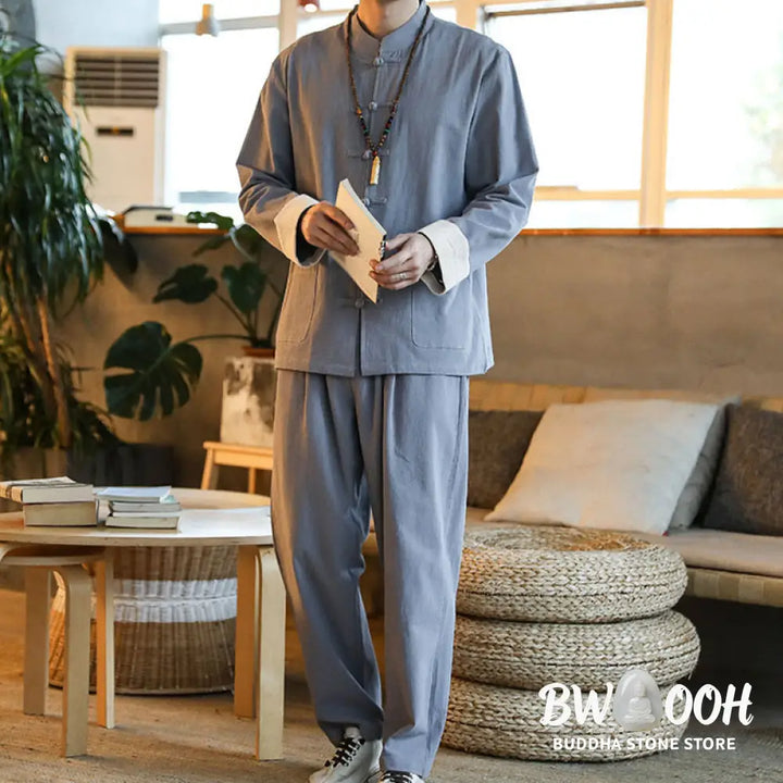 BWOOOH 2Pcs Zen Tang Suit Men’s Frog-Button Long Sleeve Shirt Pants Set With Pockets - Men’s Meditation Cloth