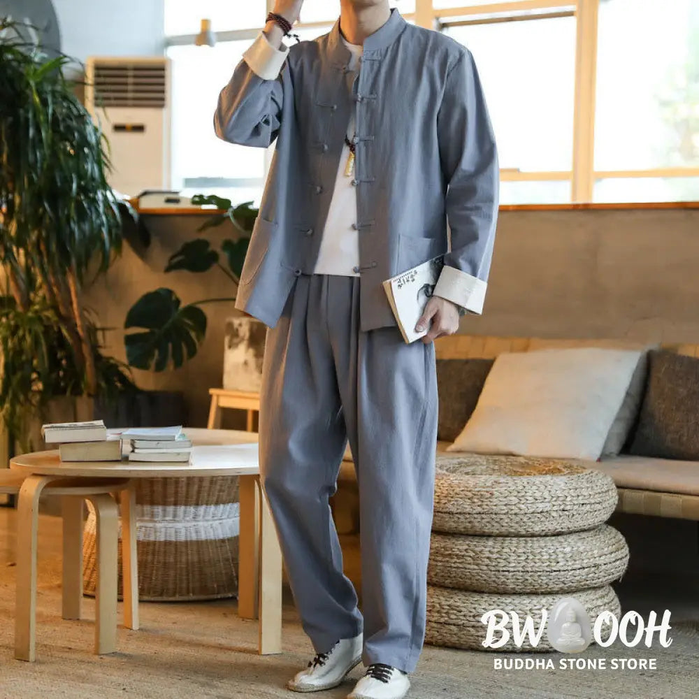 BWOOOH 2Pcs Zen Tang Suit Men’s Frog-Button Long Sleeve Shirt Pants Set With Pockets - Men’s Meditation Cloth