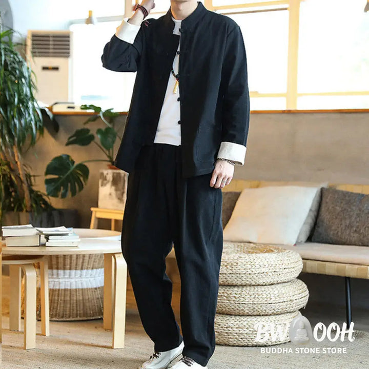 BWOOOH 2Pcs Zen Tang Suit Men’s Frog-Button Long Sleeve Shirt Pants Set With Pockets - Men’s Meditation Cloth